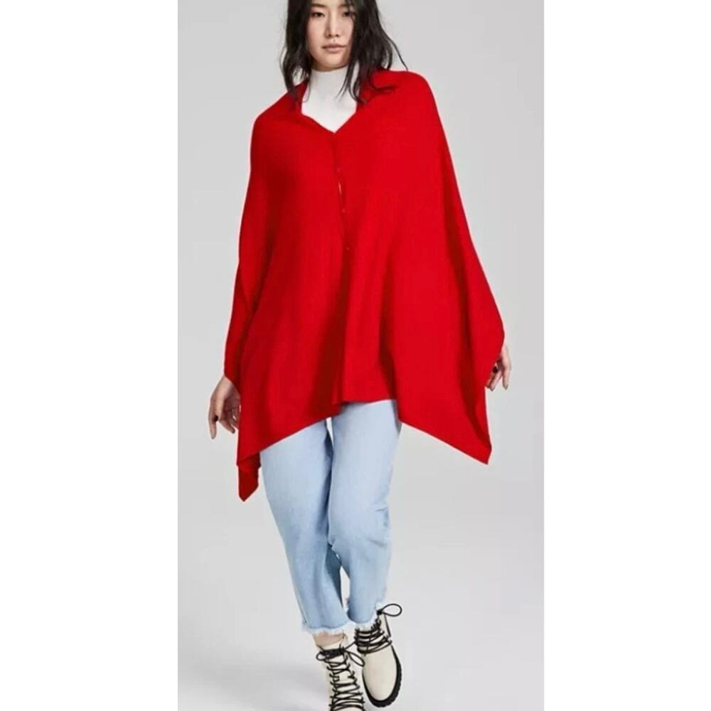 Charter Club Luxury 100% Cashmere ButtonUp Poncho Shawl red oldmoney $189msrp